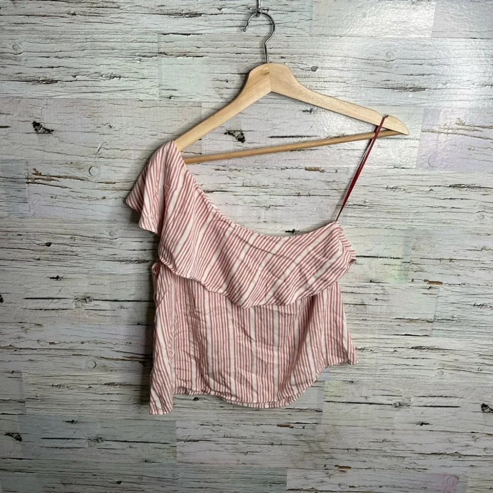 Gentle fawn pink striped ruffle one shoulder blouse top size xs